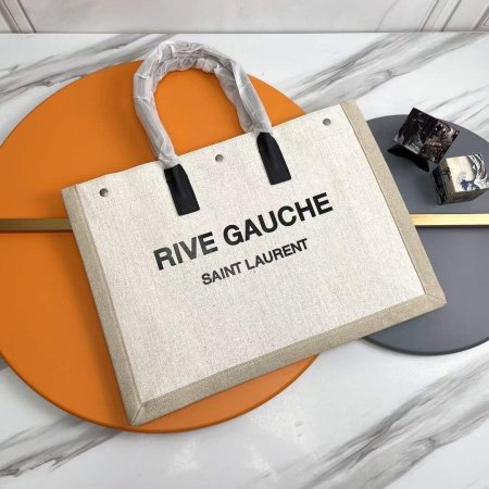 RIVE GAUCHE LARGE TOTE BAG IN PRINTED CANVAS AND LEATHER LIN BLANC - بيج