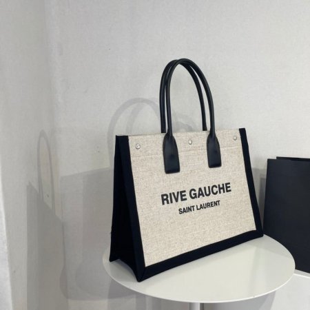 RIVE GAUCHE LARGE TOTE BAG IN PRINTED CANVAS AND LEATHER LIN BLANC - اسود