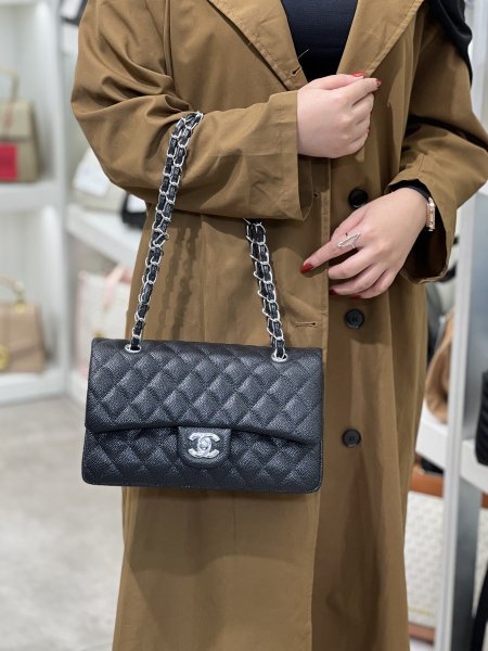  chanel classic flap bag 25cm - اسود جلد كافيار مع لمعة, هاردوير فضي