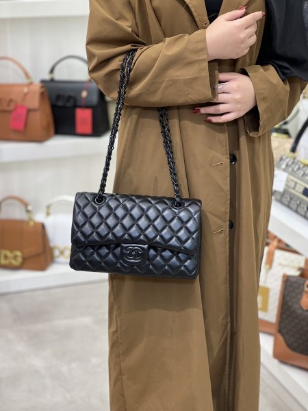  chanel classic flap bag 25cm - اسود جلد ناعم مع لمعة,هاردوير اسود