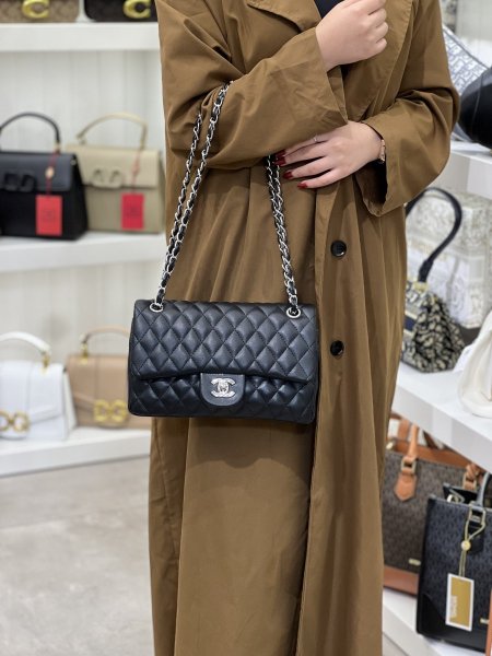  chanel classic flap bag 25cm - اسود جلد ناعم مت،هاردوير فضي