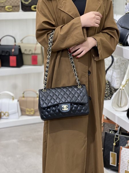  chanel classic flap bag 25cm - اسود جلد ناعم مت،هاردوير ذهبي