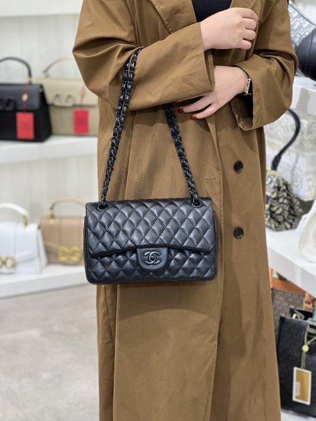  chanel classic flap bag 25cm - اسود جلد ناعم مت،هاردوير اسود