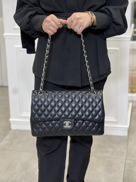 Chanel classic 30cm - اسود جلد ناعم،هاردوير فضي