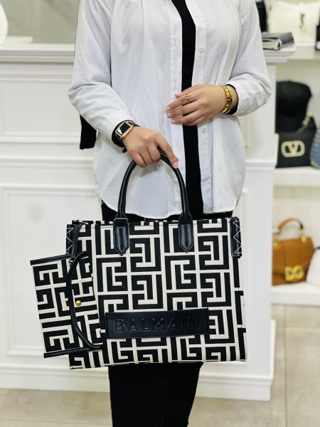 Balmain tote bag - اسود مع بيج,لوجو